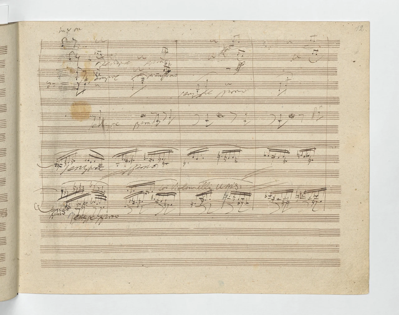 A page of the autograph manuscript of the Ninth Symphony: dense staves, corrections, ink and pencil