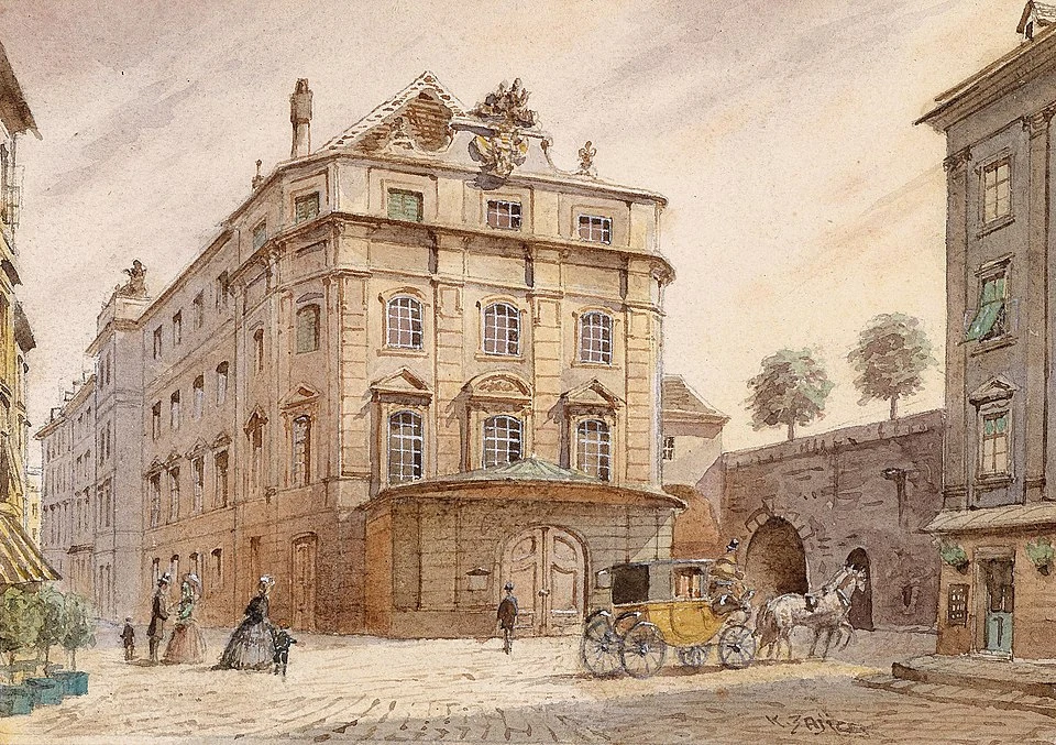 The Kärntnertor theatre seen from the square, a painting: a pale classical facade, carriages, people in the street